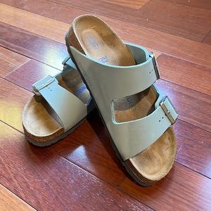 Baby blue Birkenstock Arizona sandals. SOFT SOLE size 39.